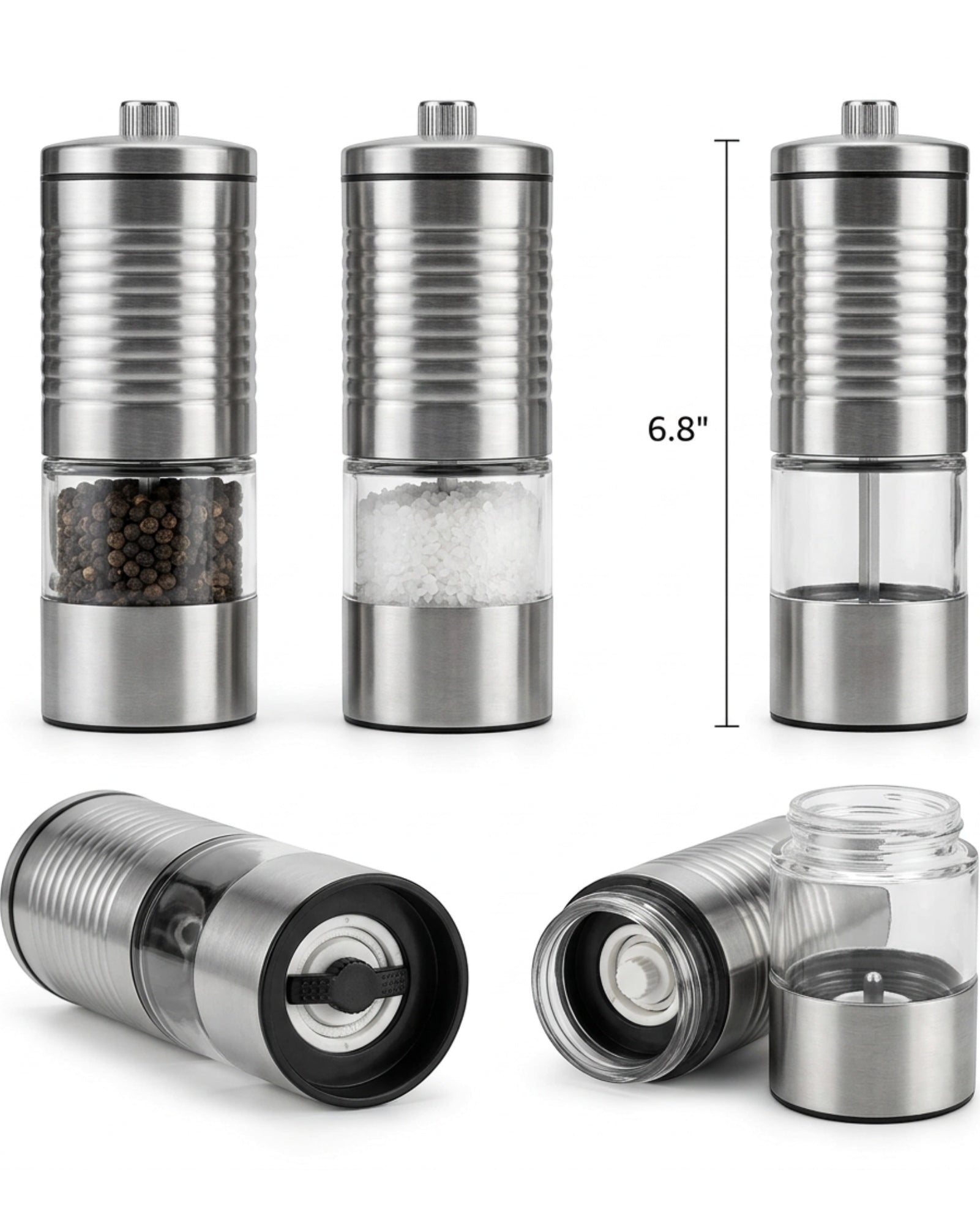 Zenis Ribbed Stainless Manual Pepper Salt Grinder Set 6.8 in
